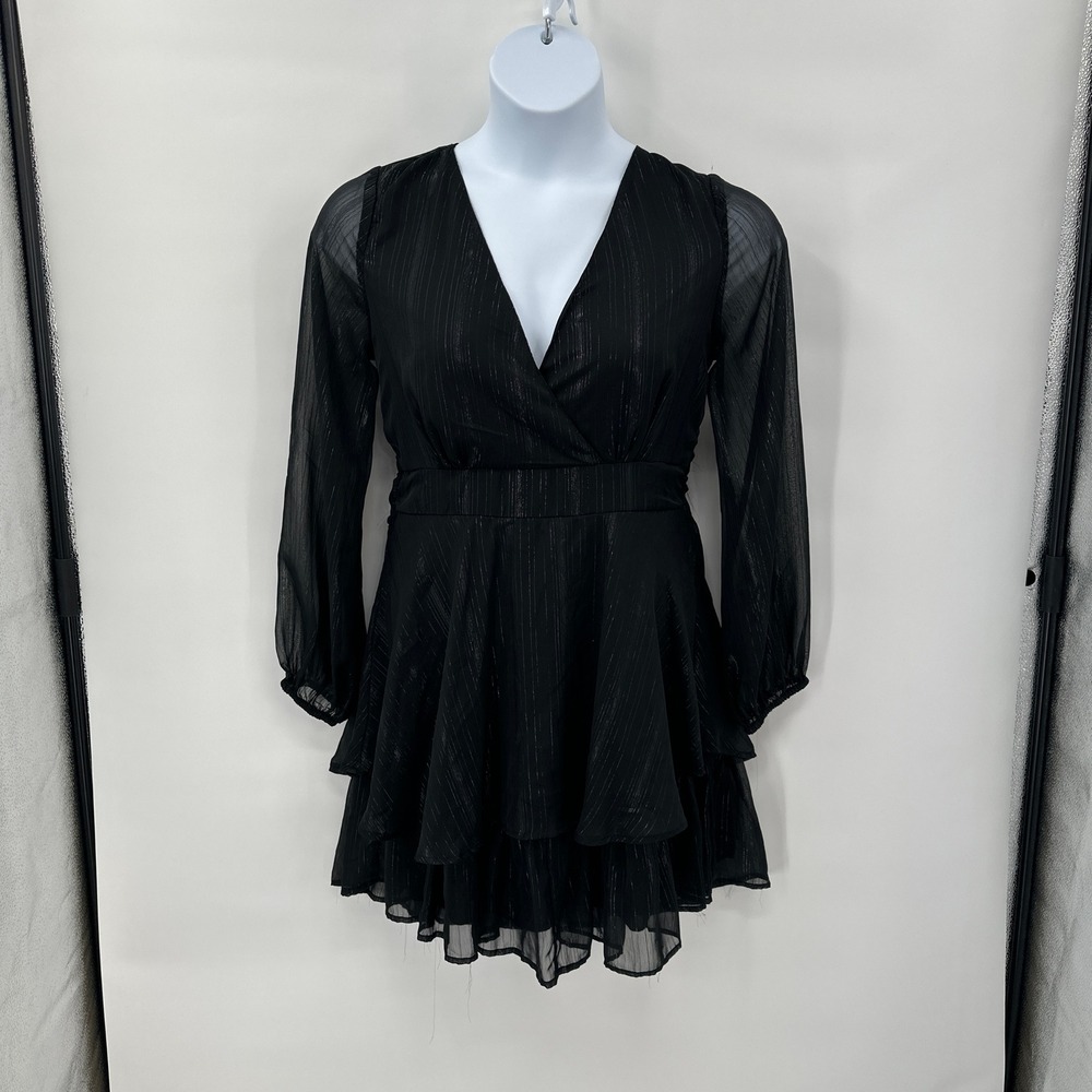 Indie Sleaze Black Metallic Mini Dress Large Ruffle Shimmer Flowy Whimsygoth